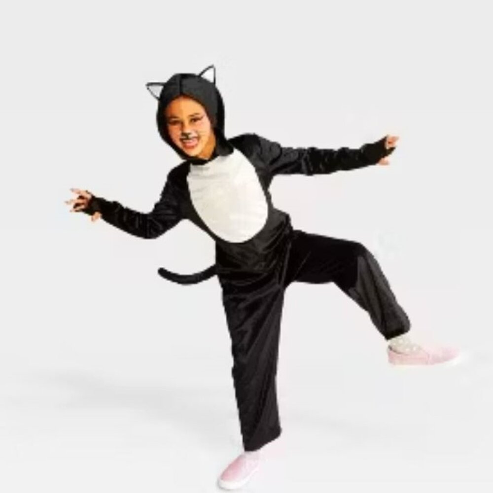 Black Alley Cat Halloween Costume 10/12 Hooded Jumpsuit & Tail 2 Pc Girls